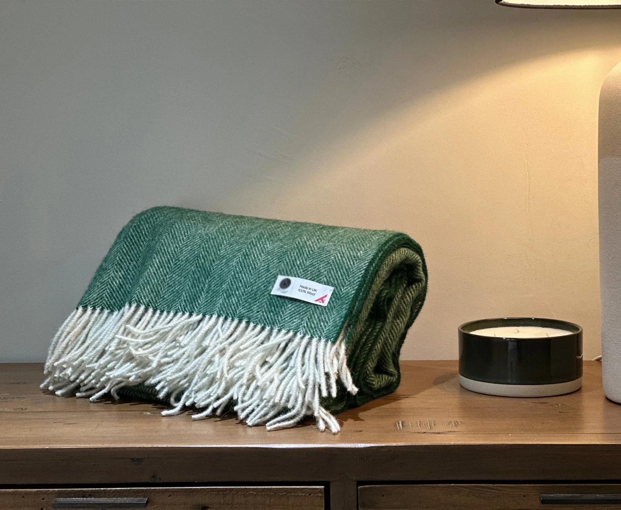 100% Lambswool Herringbone Throw Bottle Green