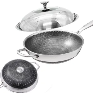 316 Stainless Steel Non-Stick Stir Fry Cooking Kitchen Honeycomb Wok Pan 32cm