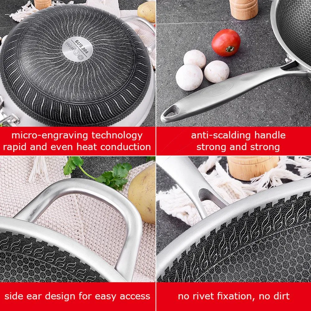 316 Stainless Steel Non-Stick Stir Fry Cooking Kitchen Honeycomb Wok Pan 32cm