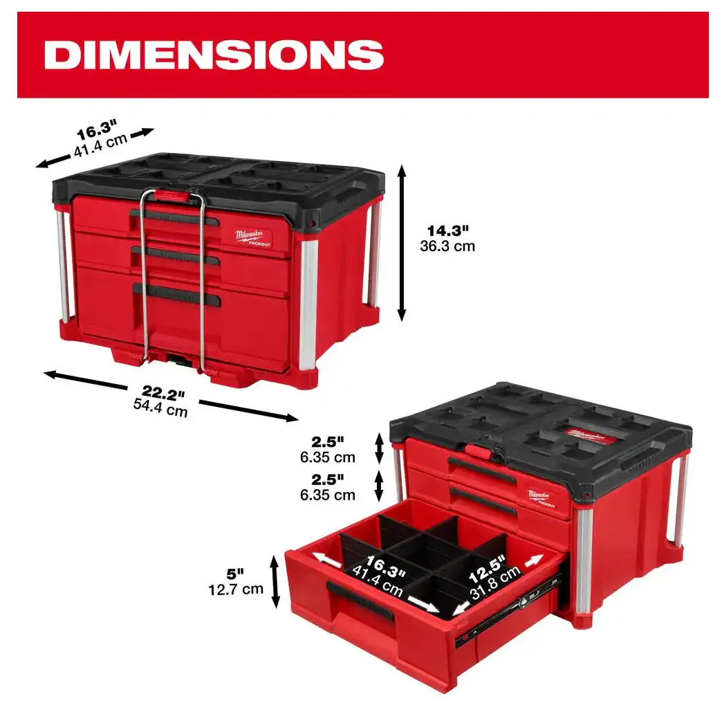 48-22-8447 Milwaukee PACKOUT 3-Drawer Tool Box w/Metal Corners