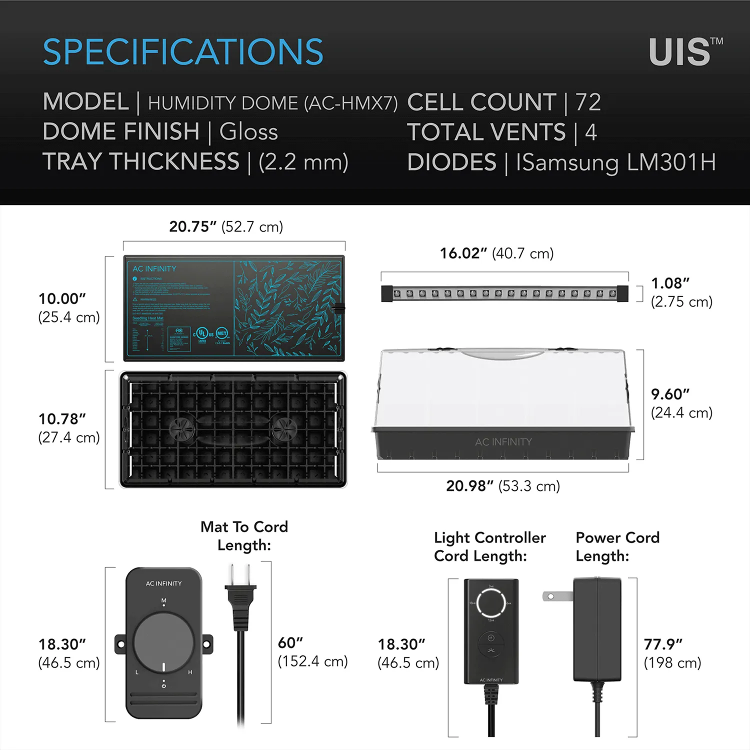 AC Infinity Humidity Dome, Germination Kit with Seedling Mat and LED Grow Light Bars, 6x12 Cell Tray