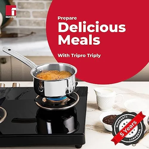 Bergner TriPro TriPly 14cm Tea Pan/MilkPan, 1.2L Capacity, For Chai/Boil/Warm/Herb-Spice-Infusion, Heat Resist Handle, Laser-Etch Scale, Smooth Finished Surface, Induction & Gas Ready, 5-Year Warranty