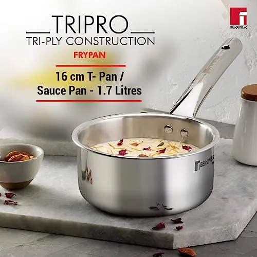 Bergner Tripro Triply Stainless Steel 4 Pc Cookware Set, 24 cm Indian Wok/Kadai with Lid, 22 cm Frypan, 16 cm Tea Pan, Even and Fast Heating, Induction Bottom, Gas Ready, Silver