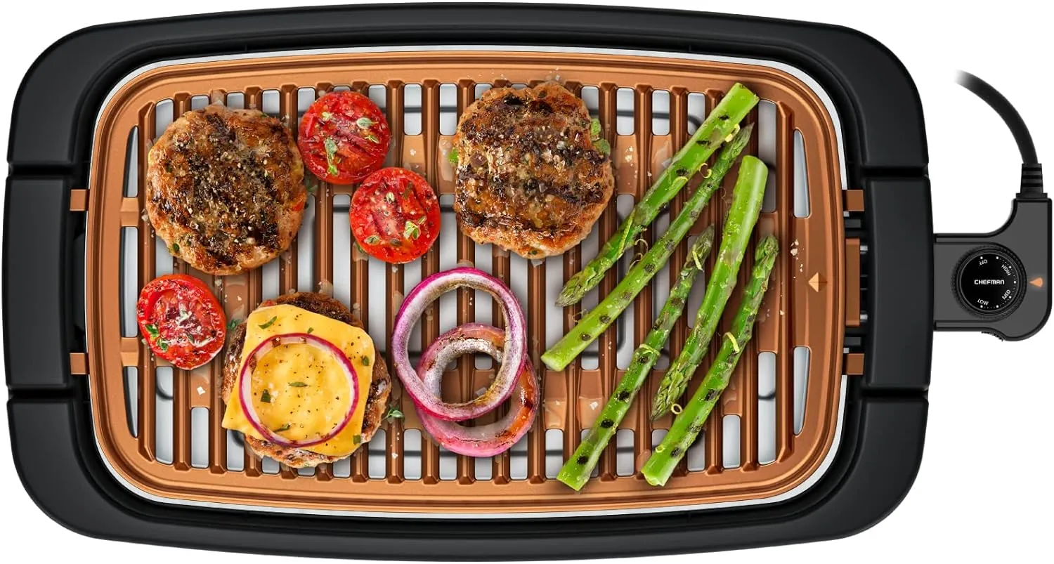 Electric Smokeless Indoor Grill, Non-Stick Cooking Surface, Adjustable Temperature Knob from Warm to Sear, Dishwasher Safe