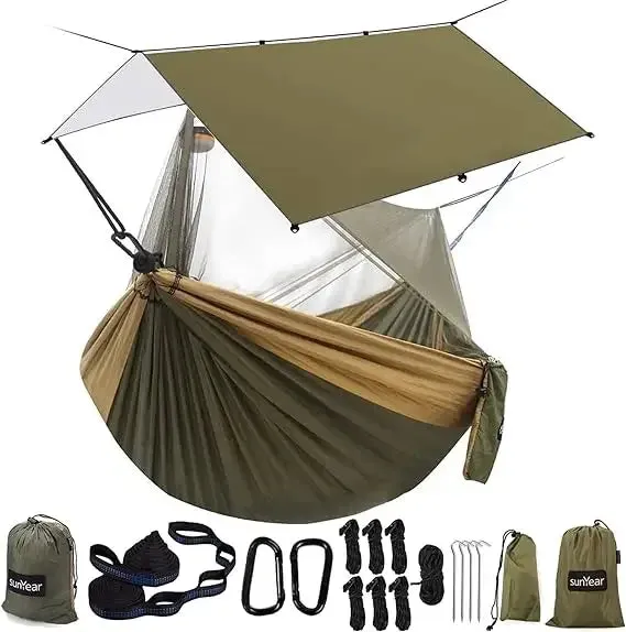 Hammock Camping with Rain Fly Tarp and Net, Portable Camping Hammock Double Tree Hammock Outdoor Indoor Backpacking Travel