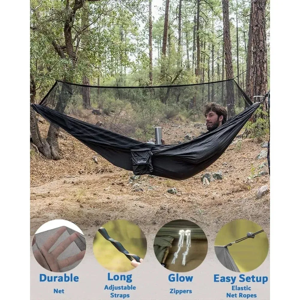 Hammock Camping with Rain Fly Tarp and Net, Portable Camping Hammock Double Tree Hammock Outdoor Indoor Backpacking Travel