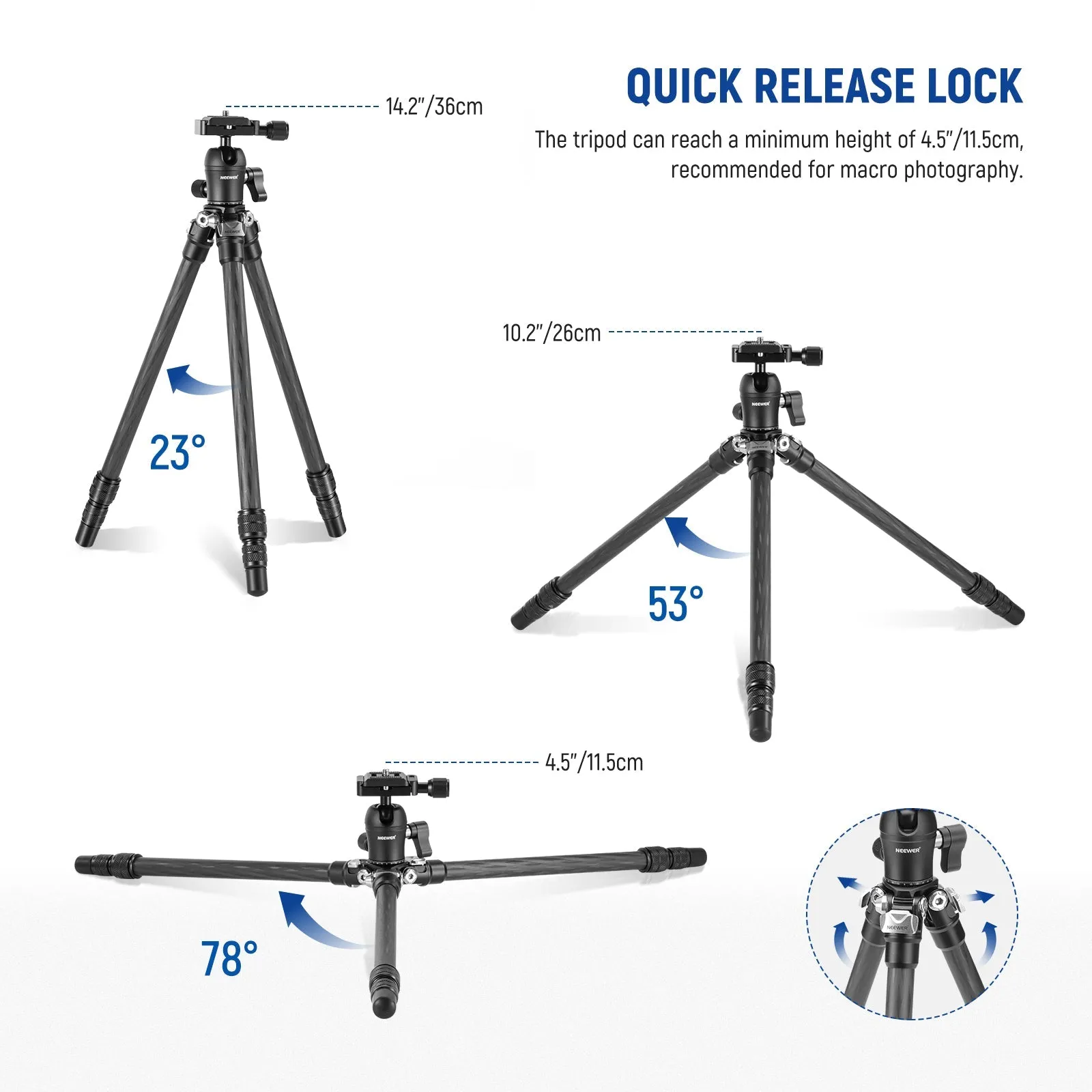 NEEWER TP15 Carbon Fiber Camera Tripod with Phone Holder