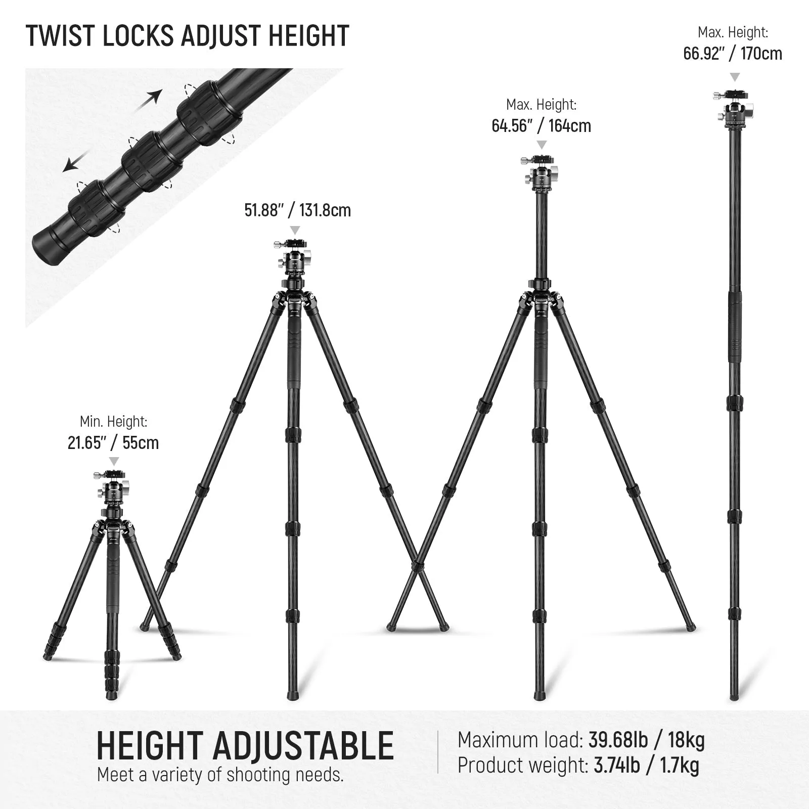 NEEWER TP18 64.5" Pro Carbon Fiber Camera Monopod Tripod