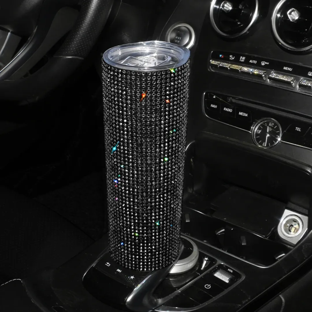 Rhinestone Tumbler with Lid and Straw - Stainless Steel Vacuum Flask